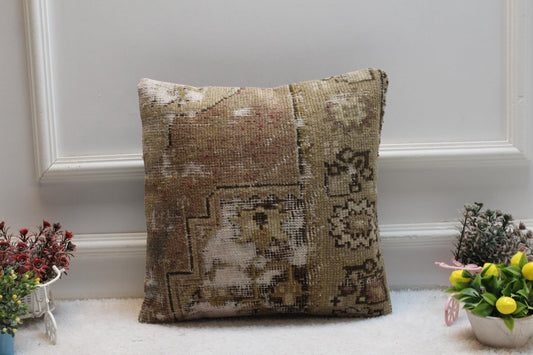 Vintage Turkish Rug Pillow Cover: Faded Boho Home Decor (16x16 in)