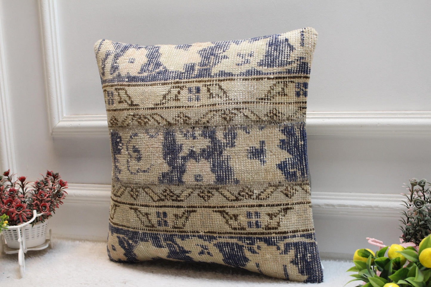 Vintage Turkish Rug Pillow Cover: Patchwork Kilim, 16x16 Square