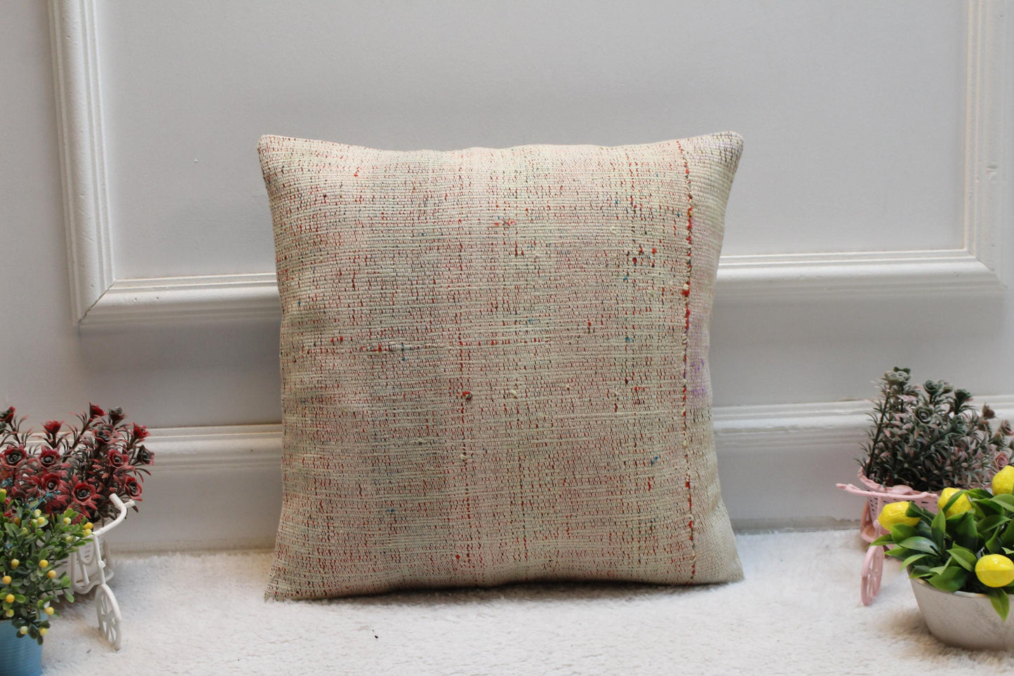 Handmade Kilim Pillow Cover: Upcycled Woven Rug, Ethnic Home Decor (16x16 inch)