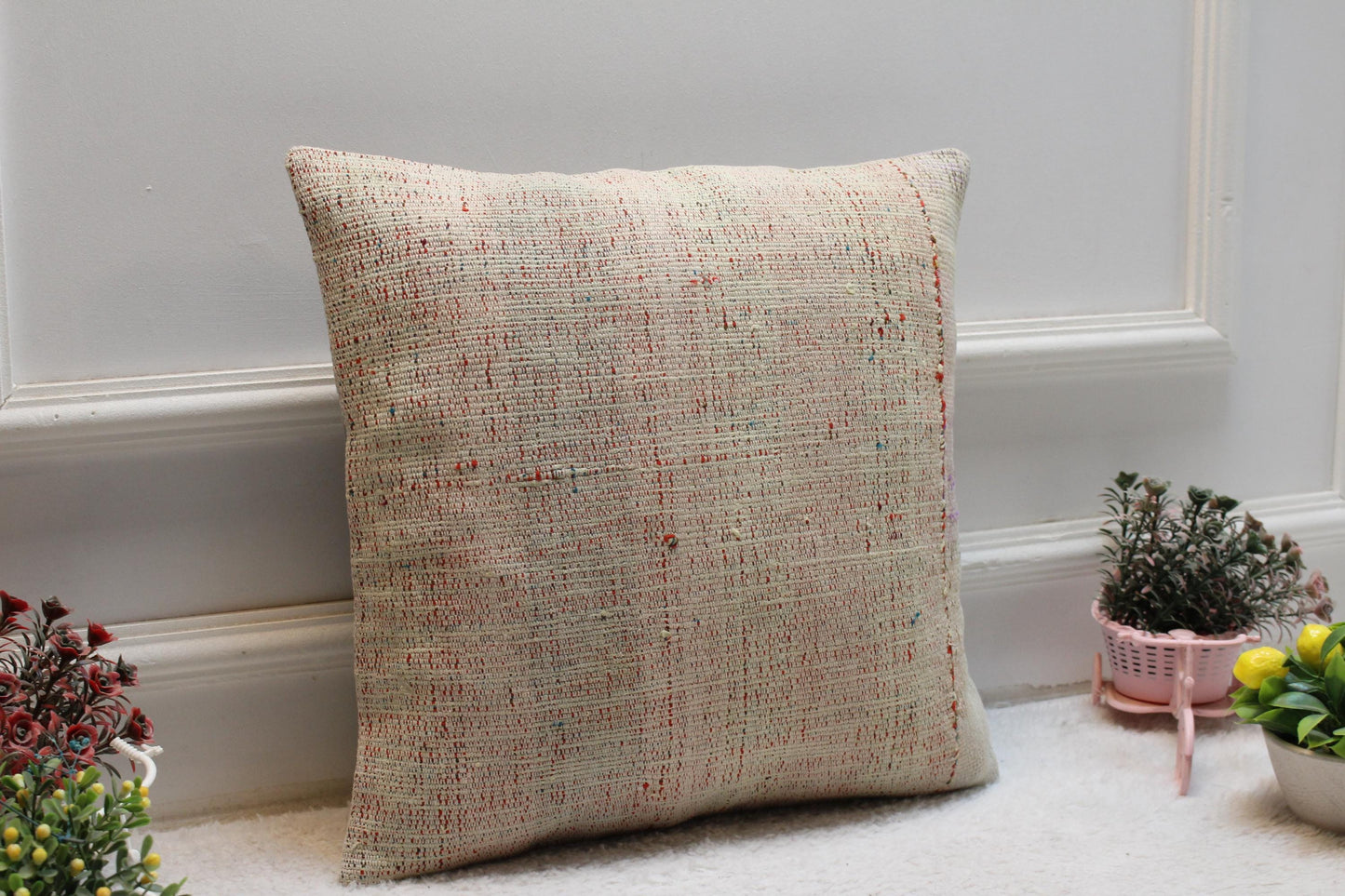Handmade Kilim Pillow Cover: Upcycled Woven Rug, Ethnic Home Decor (16x16 inch)