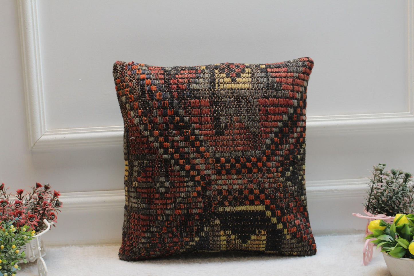 Handmade Kilim Pillow Cover: Upcycled Woven Wool, 16x16 inch
