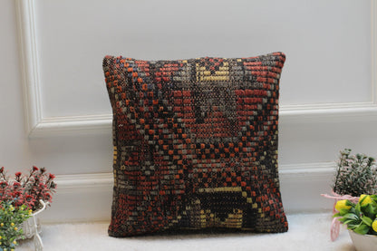 Handmade Kilim Pillow Cover: Upcycled Woven Wool, 16x16 inch