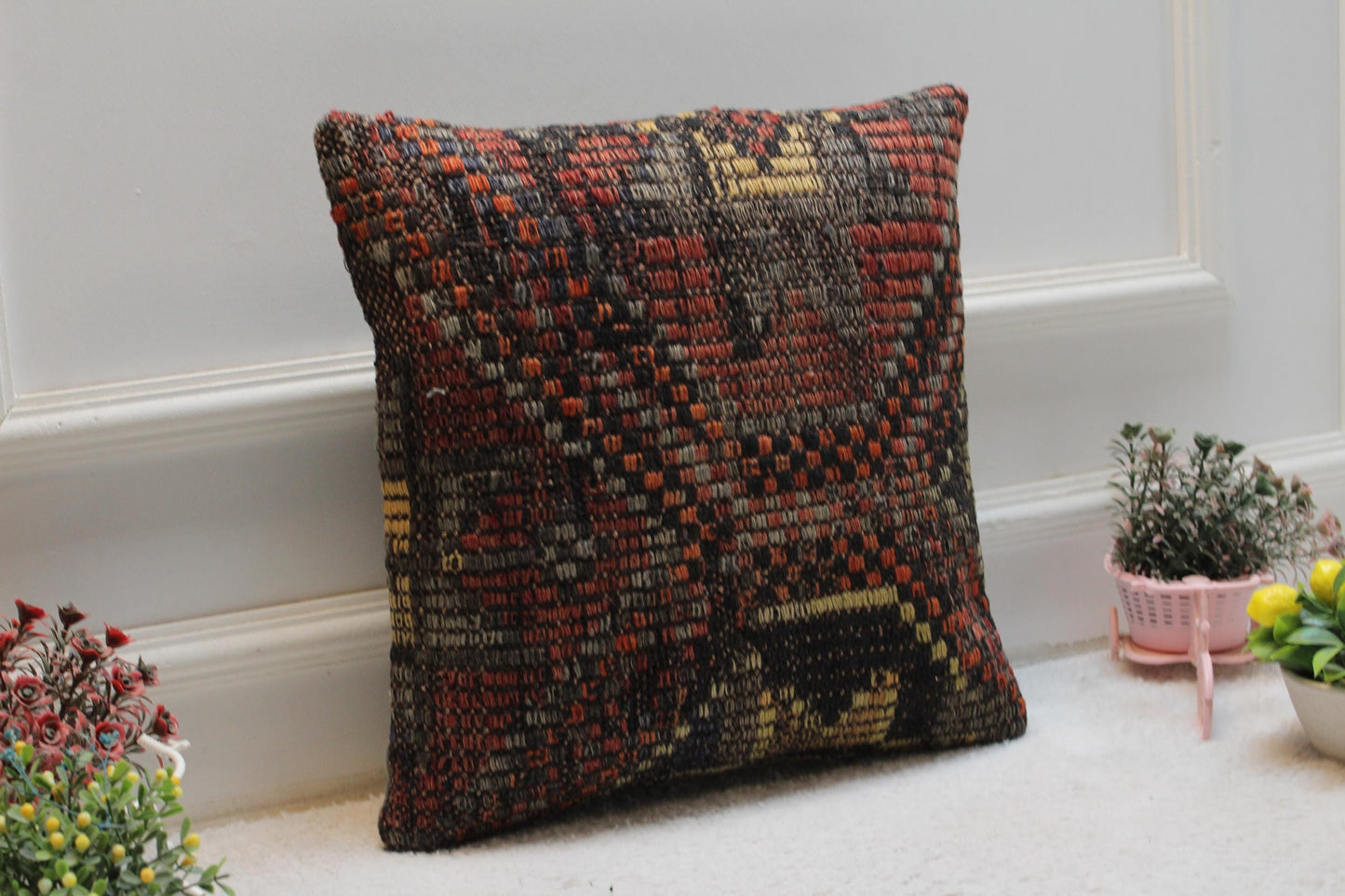 Handmade Kilim Pillow Cover: Upcycled Woven Wool, 16x16 inch
