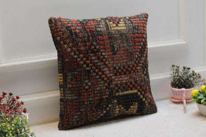 Handmade Kilim Pillow Cover: Upcycled Woven Wool, 16x16 inch