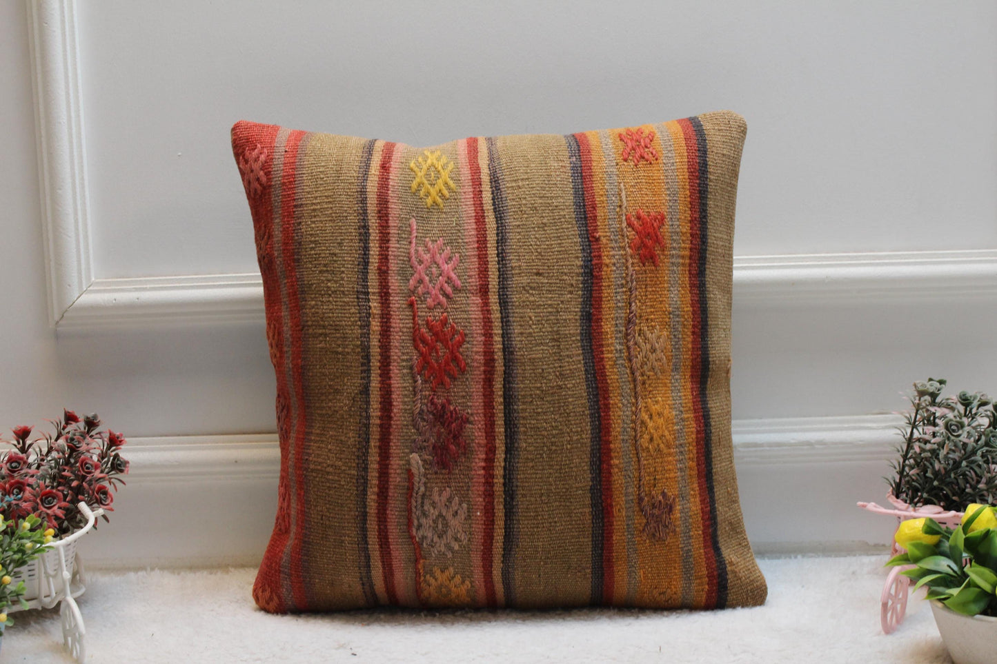 16x16 Square Kilim Pillow Cover: Handmade Turkish Woven Wool