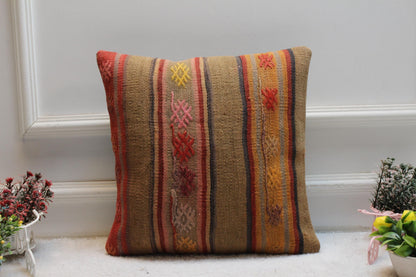 16x16 Square Kilim Pillow Cover: Handmade Turkish Woven Wool