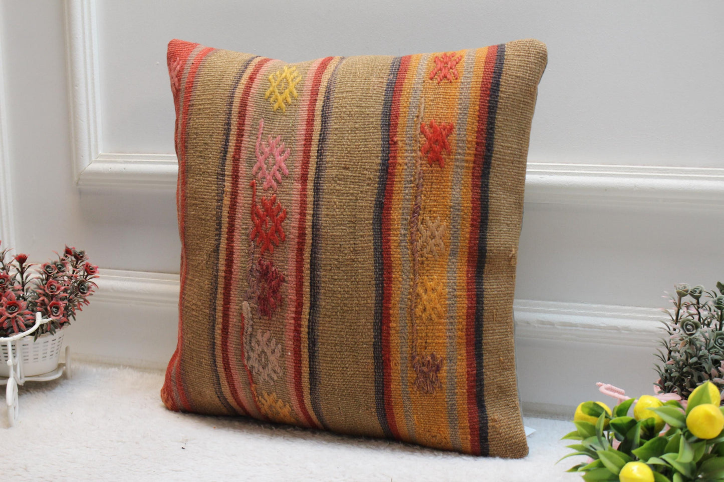 16x16 Square Kilim Pillow Cover: Handmade Turkish Woven Wool