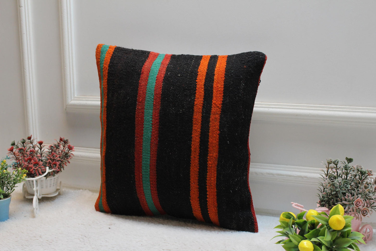 Rainbow Kilim Pillow: 16x16 Handmade Wool Throw Pillow Cover