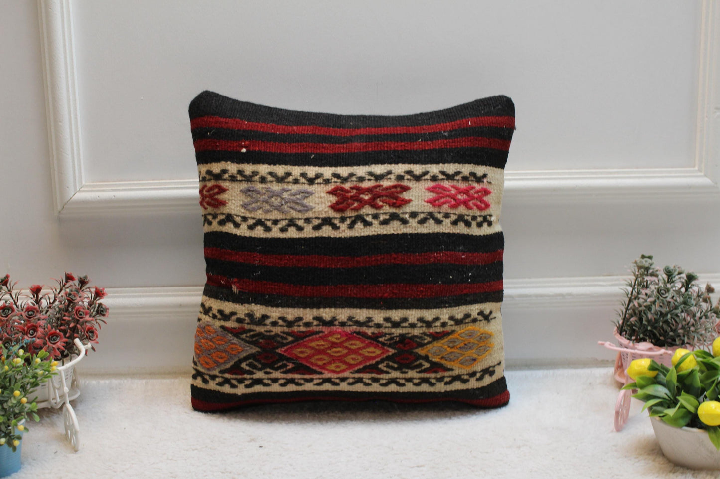 Ethnic Kilim Pillow Cover: 16x16 Square Turkish Wool Throw Pillow
