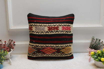 Ethnic Kilim Pillow Cover: 16x16 Square Turkish Wool Throw Pillow