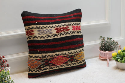 Ethnic Kilim Pillow Cover: 16x16 Square Turkish Wool Throw Pillow