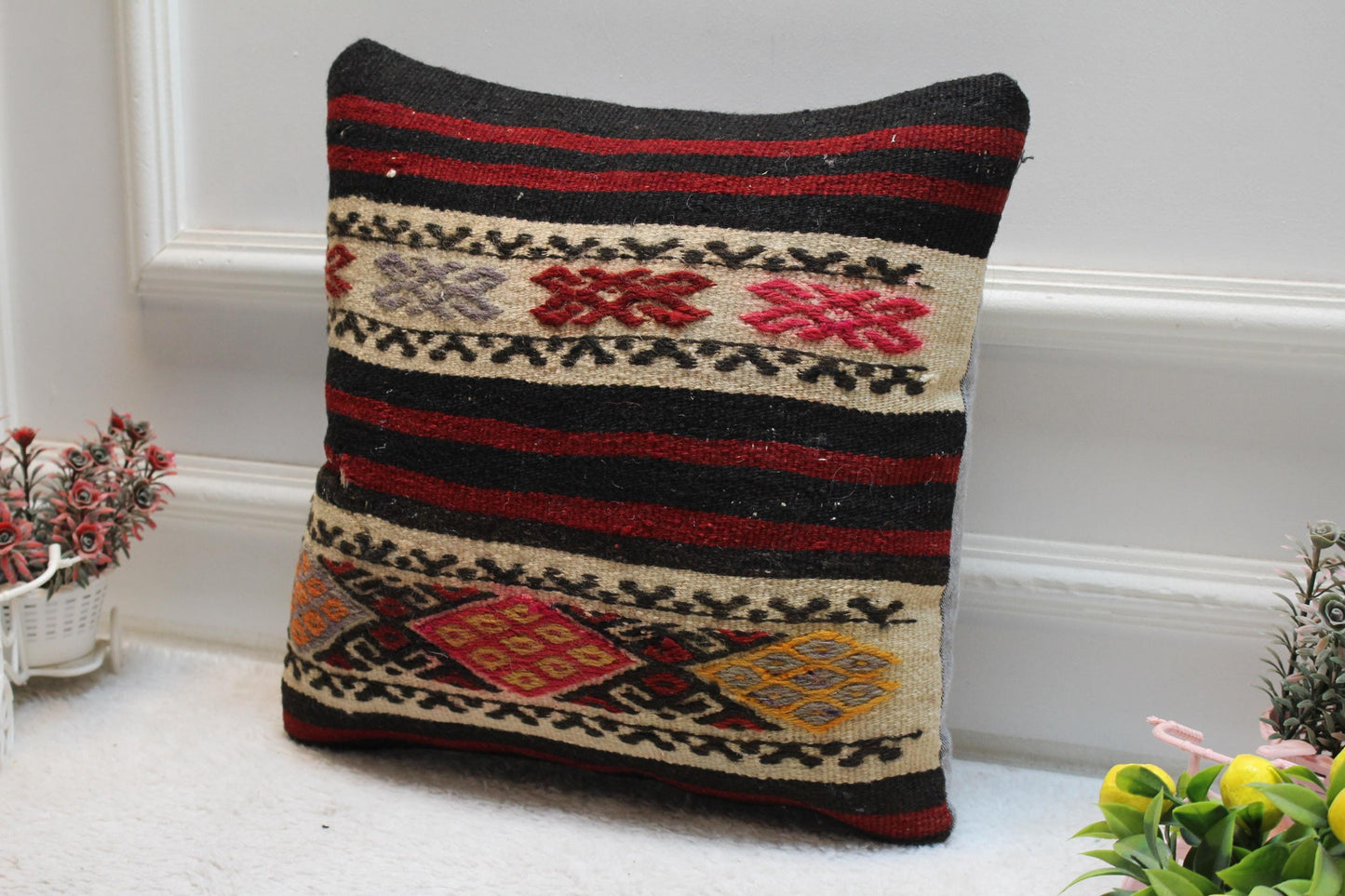 Ethnic Kilim Pillow Cover: 16x16 Square Turkish Wool Throw Pillow