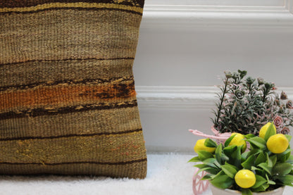 Brown Kilim Pillow Cover: 16x16 Square, Handmade Wool Throw Pillow