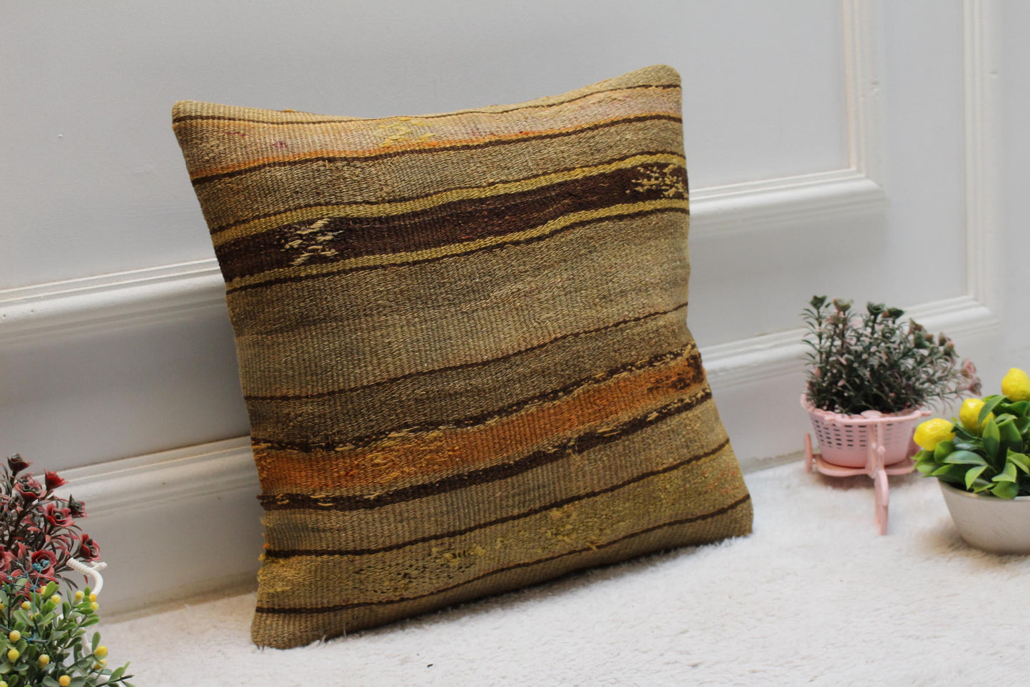 Brown Kilim Pillow Cover: 16x16 Square, Handmade Wool Throw Pillow