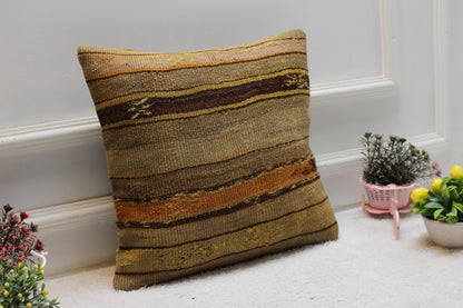 Brown Kilim Pillow Cover: 16x16 Square, Handmade Wool Throw Pillow