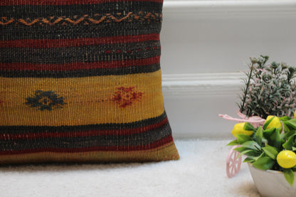Striped Kilim Pillow Cover: 16x16 Square Turkish Rug, Vintage Wool