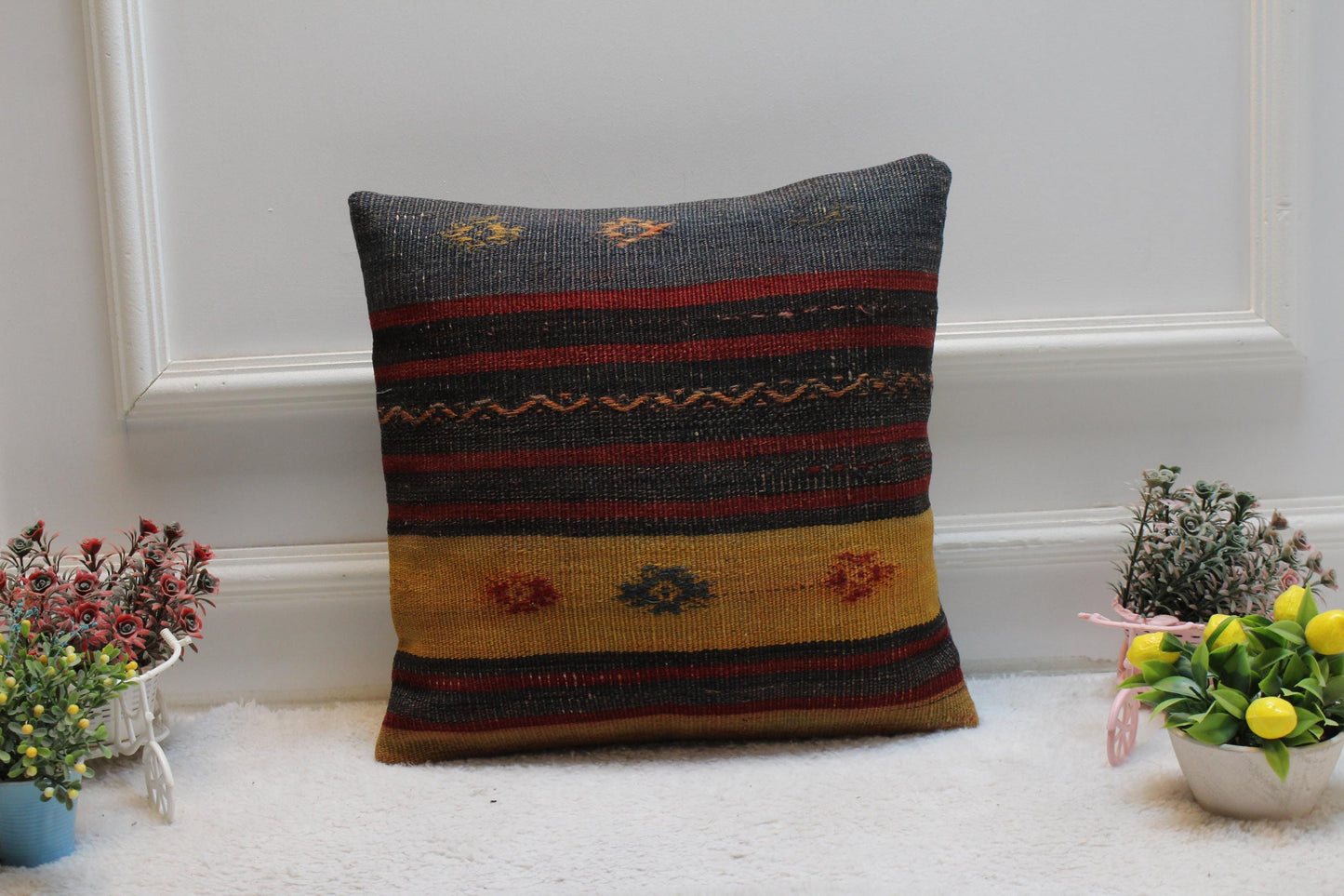 Striped Kilim Pillow Cover: 16x16 Square Turkish Rug, Vintage Wool