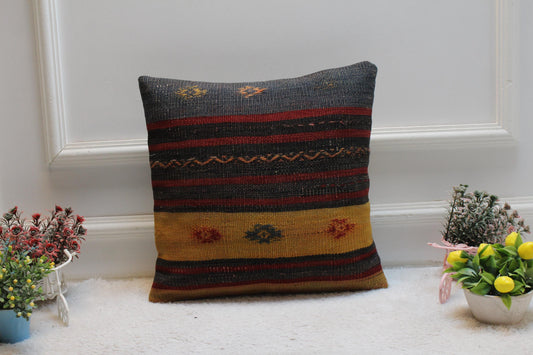 Striped Kilim Pillow Cover: 16x16 Square Turkish Rug, Vintage Wool