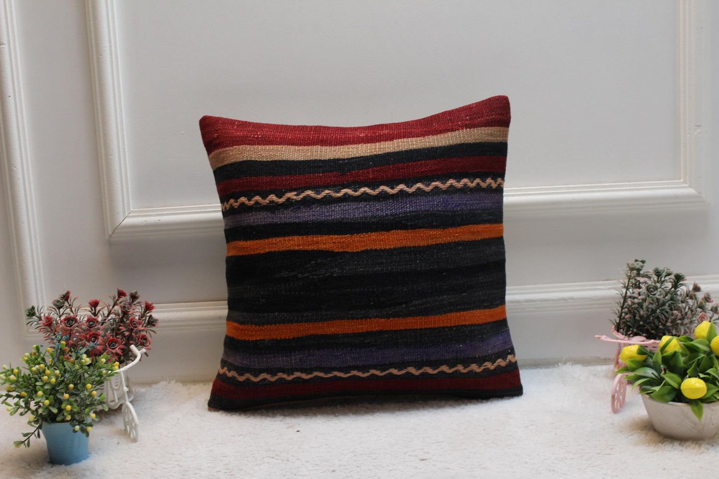 Striped Kilim Pillow Cover: 16x16 Boho Throw Pillow Case