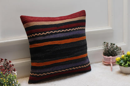 Striped Kilim Pillow Cover: 16x16 Boho Throw Pillow Case