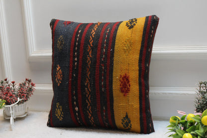 Handmade Kilim Pillow Cover: Organic Wool Boho Decor (16x16 inc)