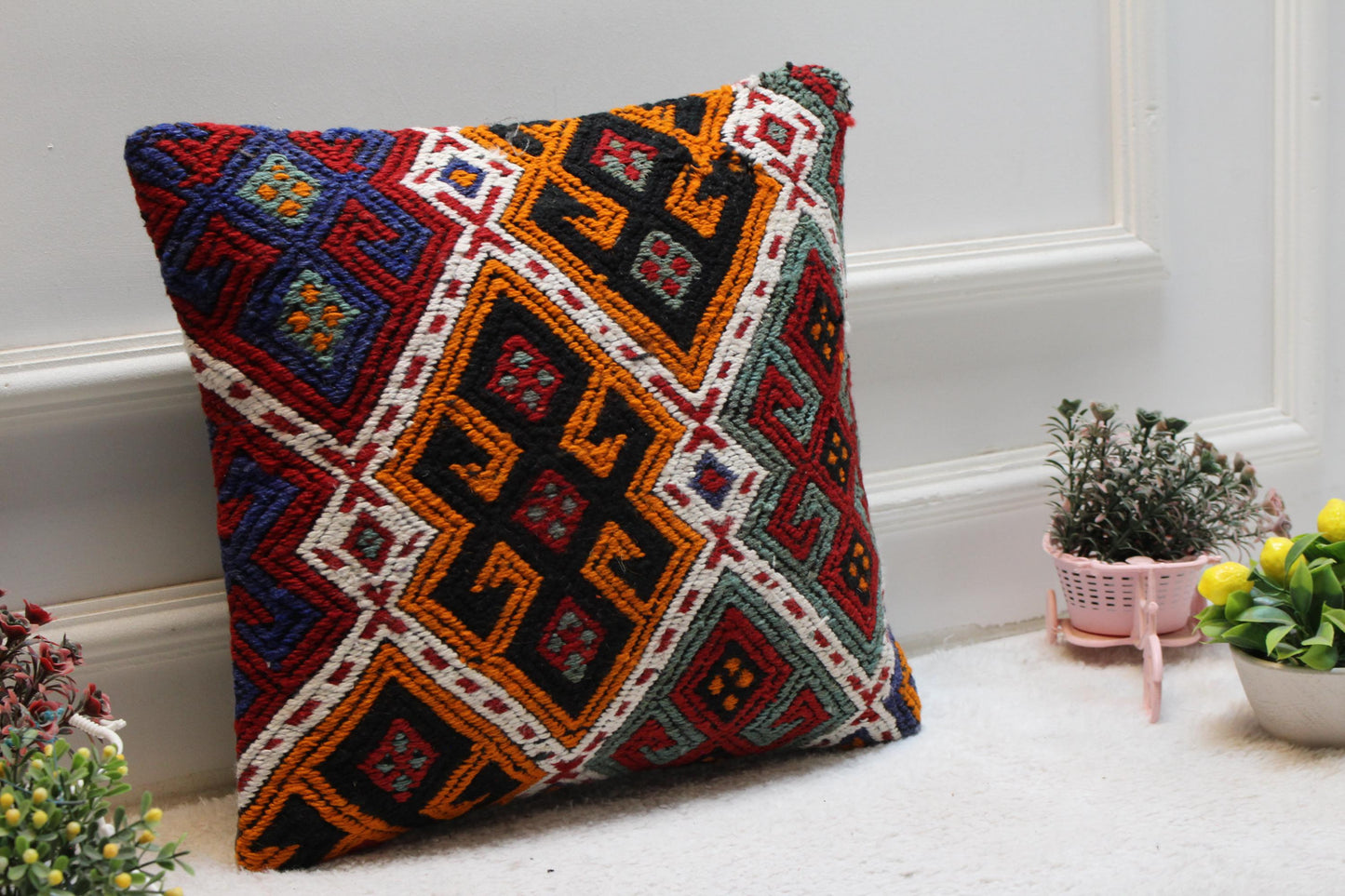 Geometric Kilim Pillow Cover: 16x16 Square, Upcycled Woven Rug