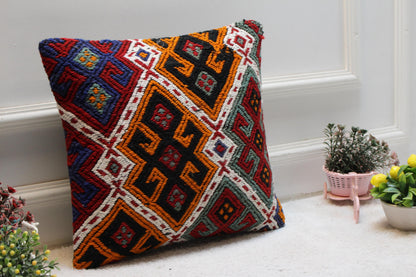 Geometric Kilim Pillow Cover: 16x16 Square, Upcycled Woven Rug