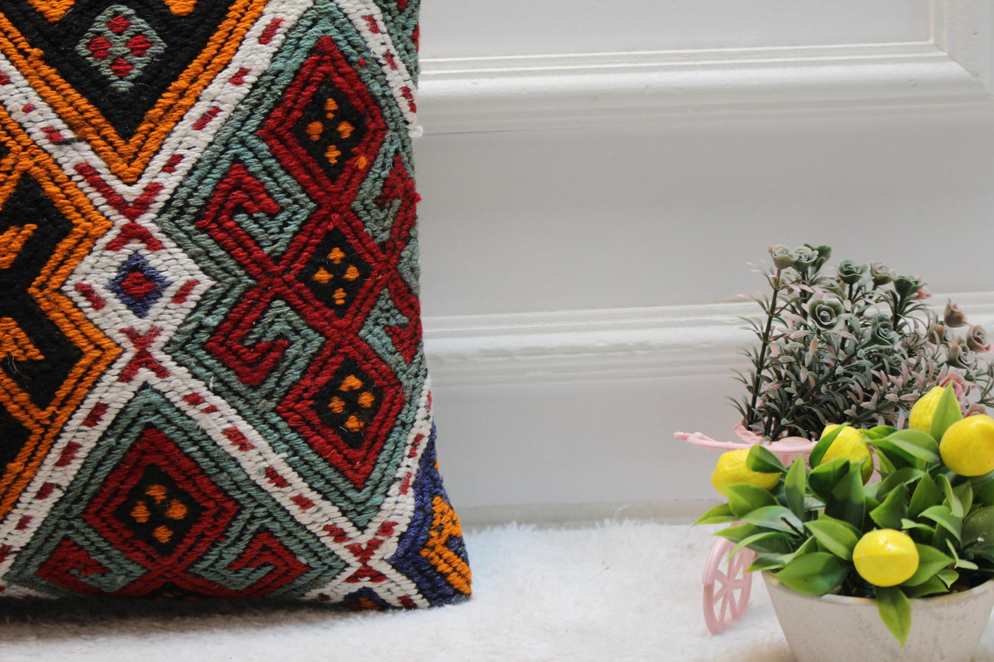 Geometric Kilim Pillow Cover: 16x16 Square, Upcycled Woven Rug