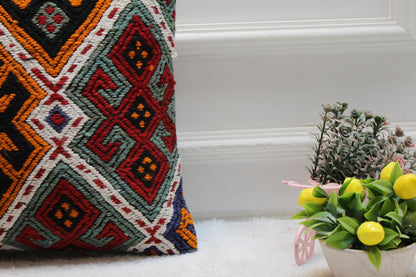 Geometric Kilim Pillow Cover: 16x16 Square, Upcycled Woven Rug