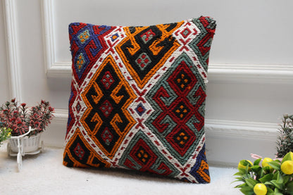Geometric Kilim Pillow Cover: 16x16 Square, Upcycled Woven Rug