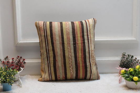 Striped Kilim Pillow Cover: Handmade Organic Wool, Boho Decor (16x16 inc.)