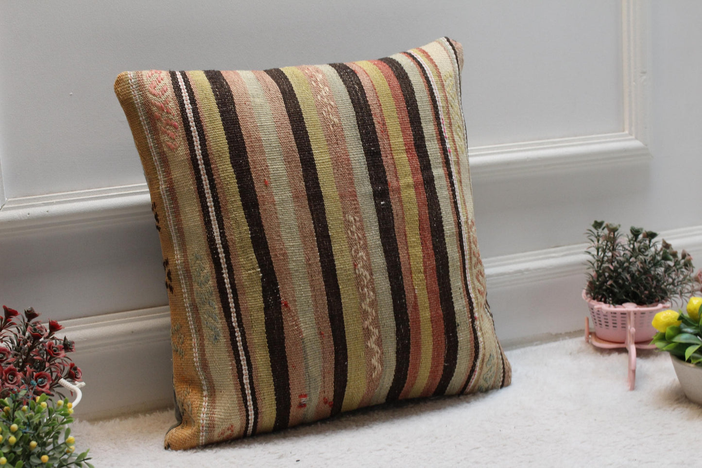 Striped Kilim Pillow Cover: Handmade Organic Wool, Boho Decor (16x16 inc.)