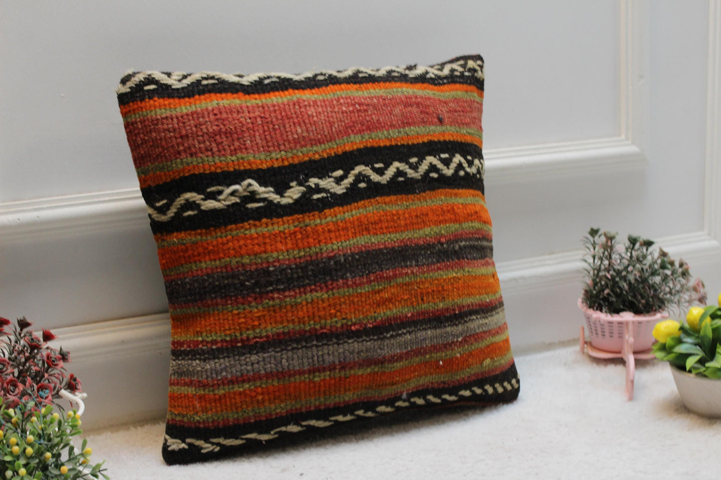 Striped Kilim Pillow Cover: Orange Boho Decor (16x16 in)