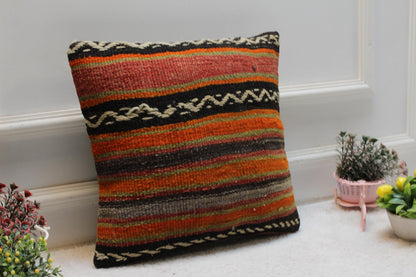 Striped Kilim Pillow Cover: Orange Boho Decor (16x16 in)