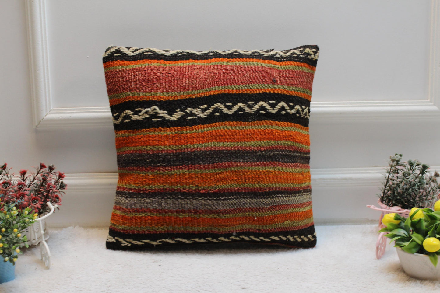Striped Kilim Pillow Cover: Orange Boho Decor (16x16 in)