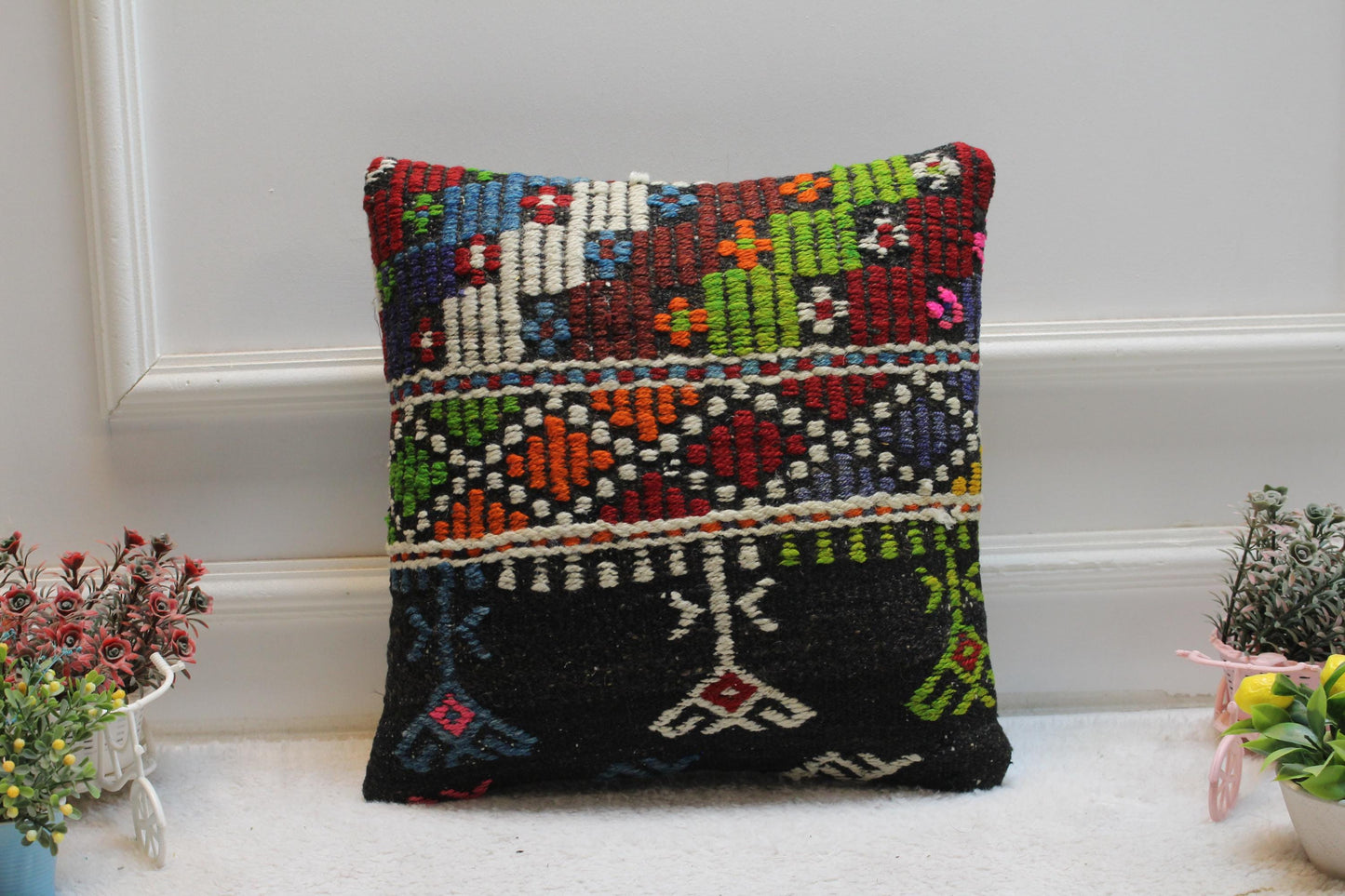 Handmade Kilim Pillow Cover: Organic Wool Striped Design (16x16 inch)