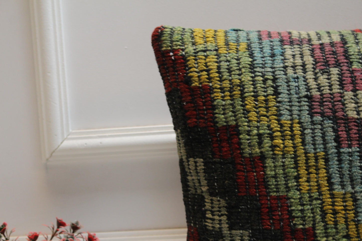 Rainbow Kilim Pillow Cover: 16x16 Square, Handmade Wool Throw Pillow