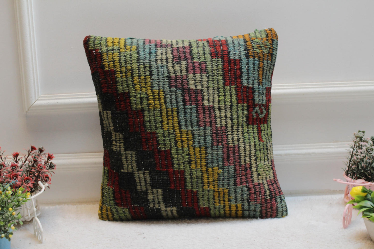 Rainbow Kilim Pillow Cover: 16x16 Square, Handmade Wool Throw Pillow