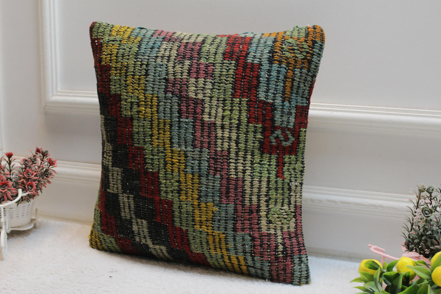 Rainbow Kilim Pillow Cover: 16x16 Square, Handmade Wool Throw Pillow