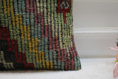 Rainbow Kilim Pillow Cover: 16x16 Square, Handmade Wool Throw Pillow