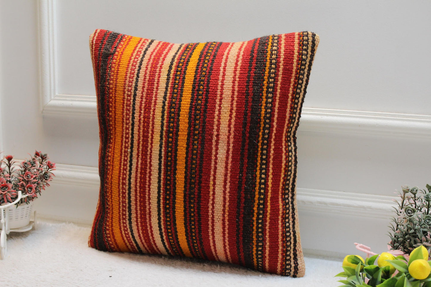 Striped Kilim Pillow Cover: Handmade Woven Wool, Bohemian Decor (16x16 in)