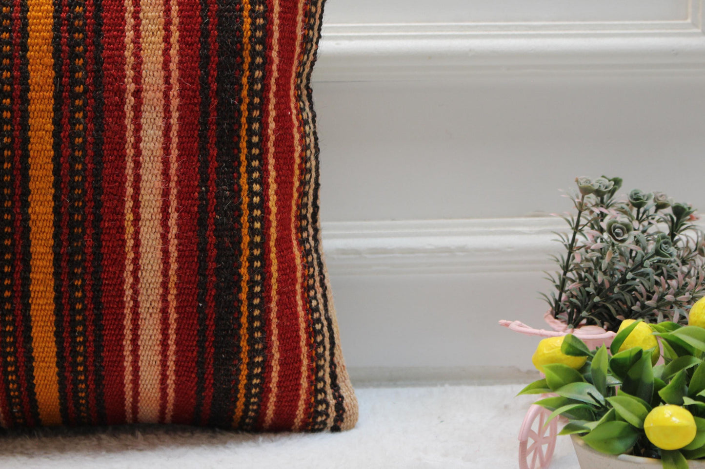 Striped Kilim Pillow Cover: Handmade Woven Wool, Bohemian Decor (16x16 in)