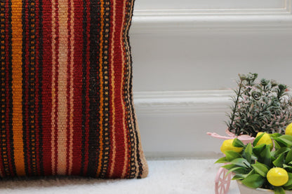Striped Kilim Pillow Cover: Handmade Woven Wool, Bohemian Decor (16x16 in)