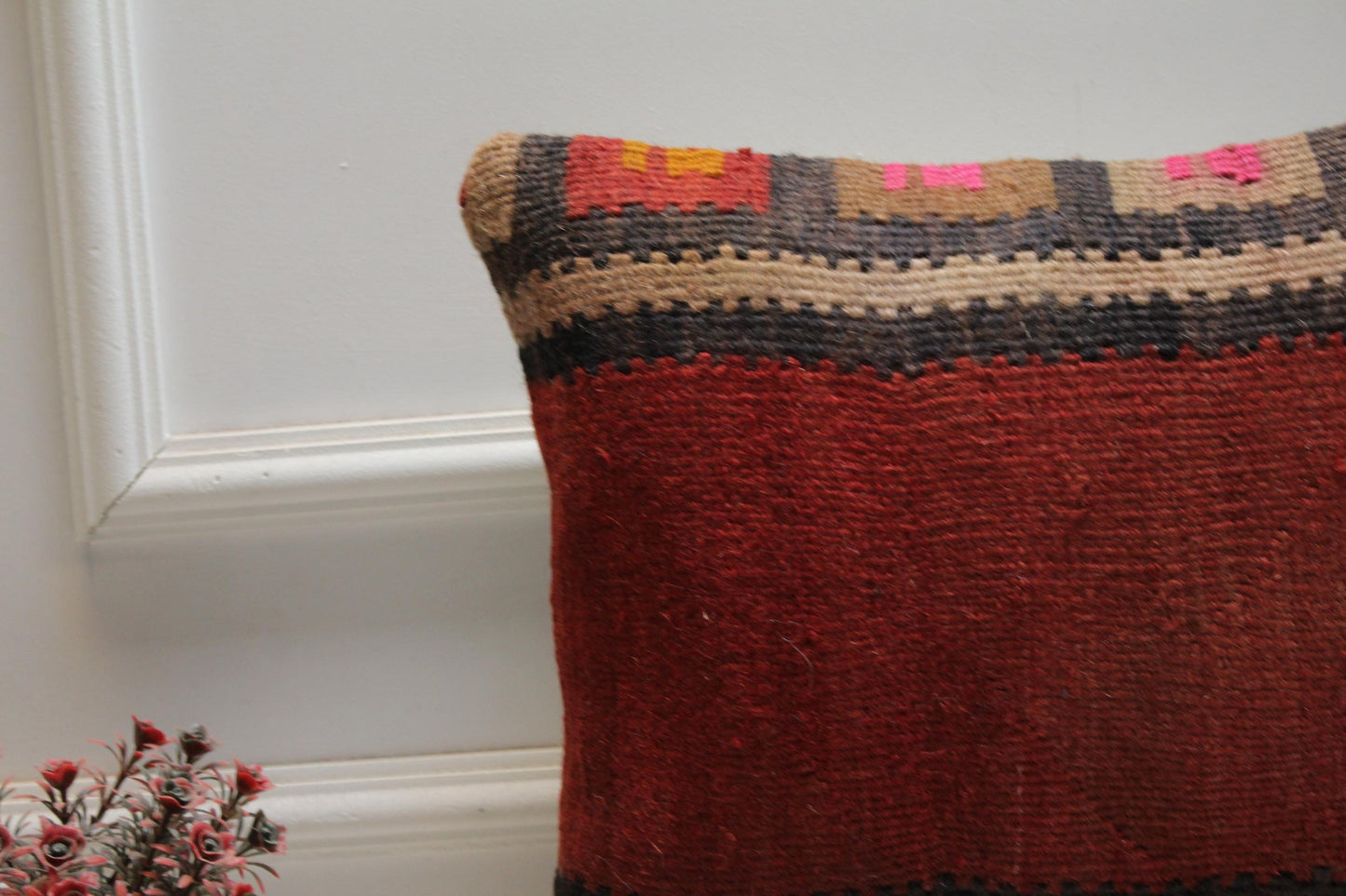 Red Kilim Pillow Cover: 16x16 Square, Upcycled Woven Rug