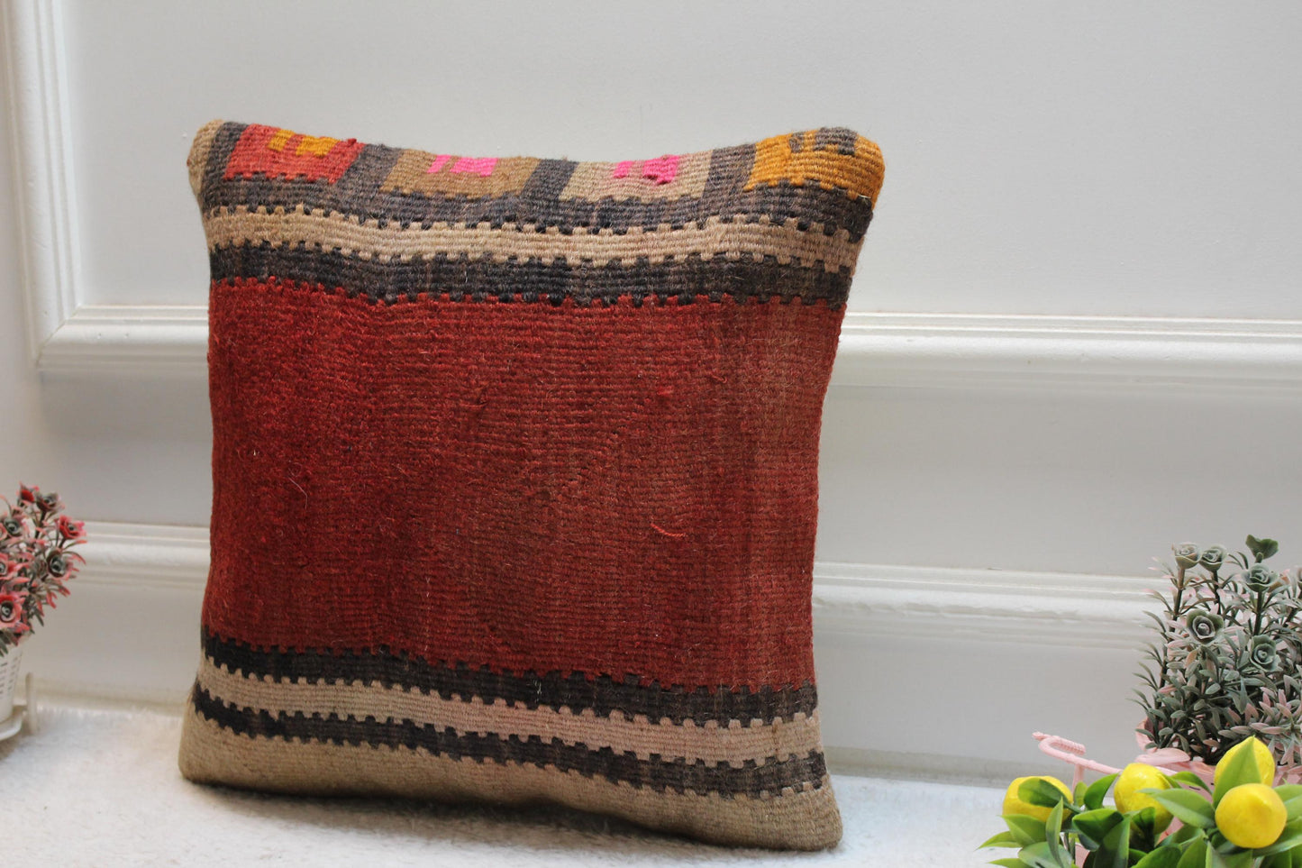 Red Kilim Pillow Cover: 16x16 Square, Upcycled Woven Rug