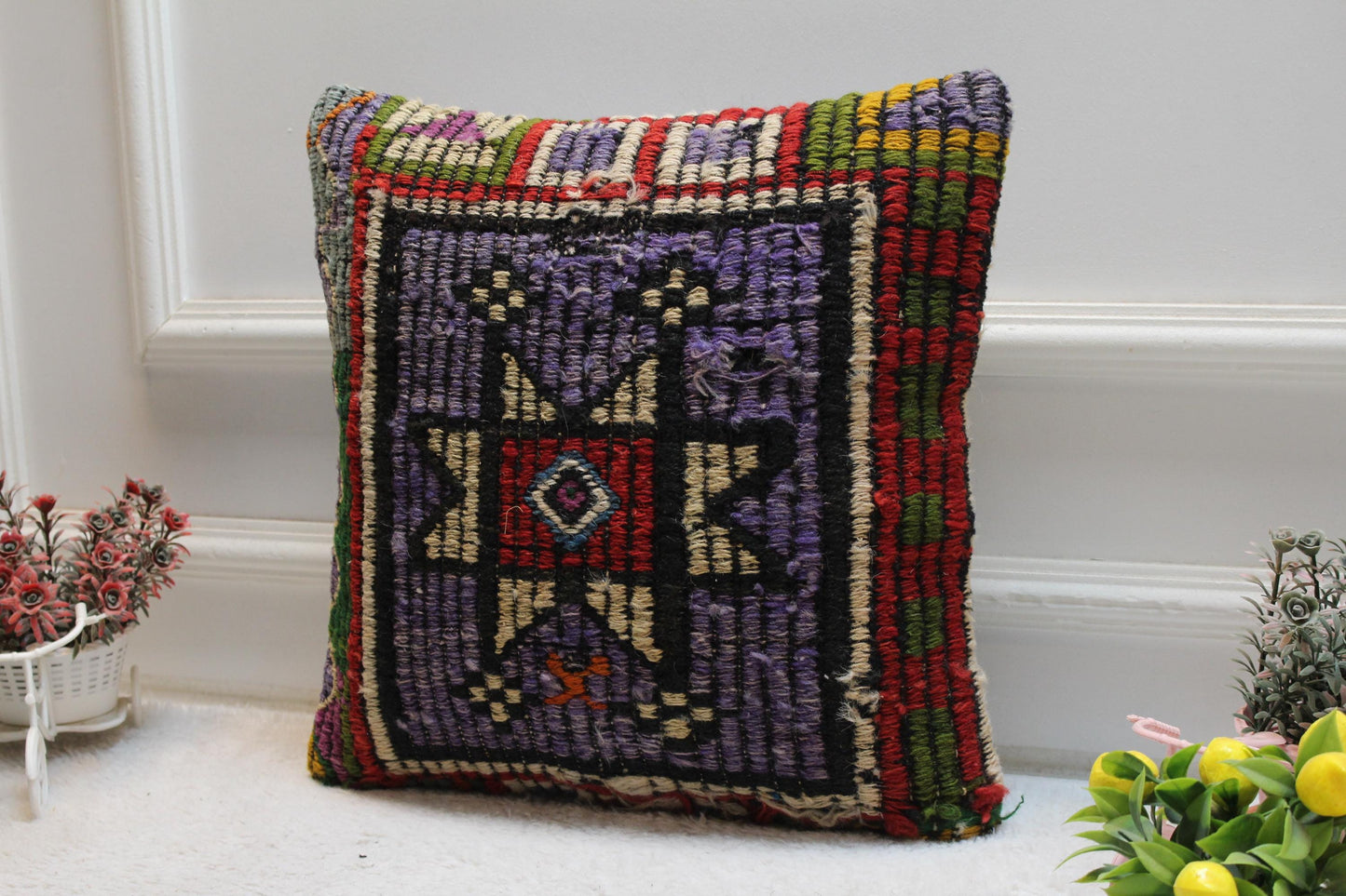 Purple Kilim Pillow Cover: Vintage Turkish Wool, Handmade