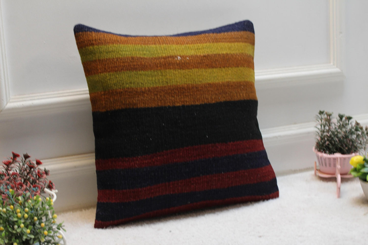 Handmade Kilim Pillow Cover: Upcycled Woven Wool, Boho Home Decor (16x16 inch)