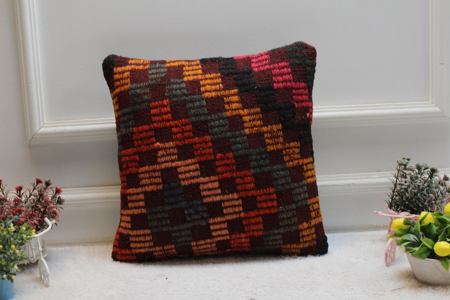 Vintage Kilim Pillow Cover: Geometric Rainbow Woven Throw Pillow (16x16 in)