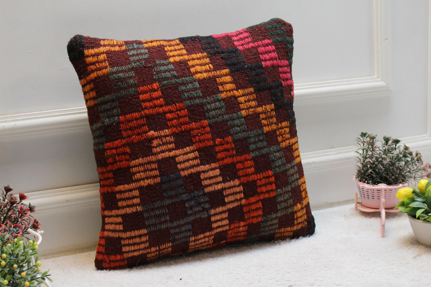 Vintage Kilim Pillow Cover: Geometric Rainbow Woven Throw Pillow (16x16 in)
