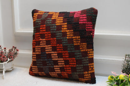 Vintage Kilim Pillow Cover: Geometric Rainbow Woven Throw Pillow (16x16 in)